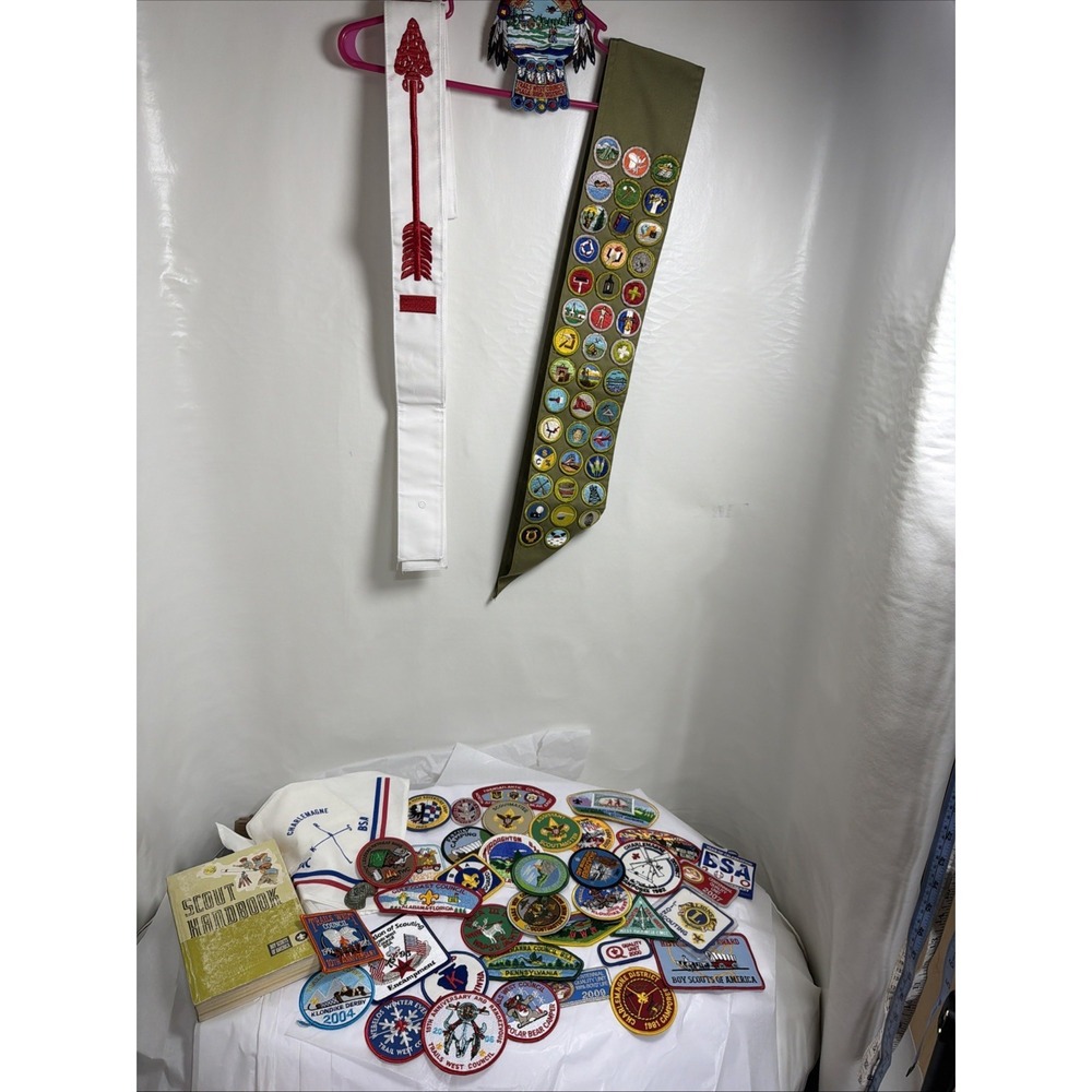 Vintage Lot Boy Scouts Of America Sash with‎ Merit Badges + Book Tie Clip + More